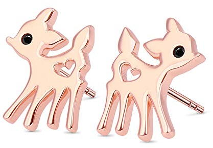 GNOCE Damen Ohrstecker Silber 925 Kinder Weiße Katze mit Blume Eule Gold Plated Hirsch Schmetterling Ohrringe Tiere Set Mode Ohrringe Geschenk für Frauen Mädchen (Hirsch-Roségold)