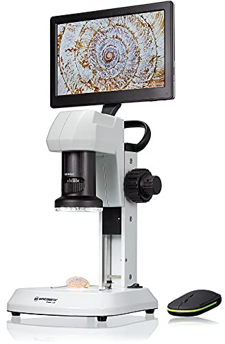 Bresser Microscopio LCD con luce continua e fissa in 5 livelli di luminosità, zoom continuo (0,7x-4,5x), display da 22,5 cm e messa a fuoco grossa e fine