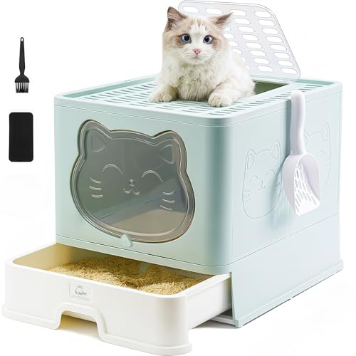 HelloMiao Caja de Arena para Gatos Completamente Cerrada con Tapa, Tipo de cajón, desodorizante, Grande, Plegable, con Pala de plástico para Mascotas, Adecuada