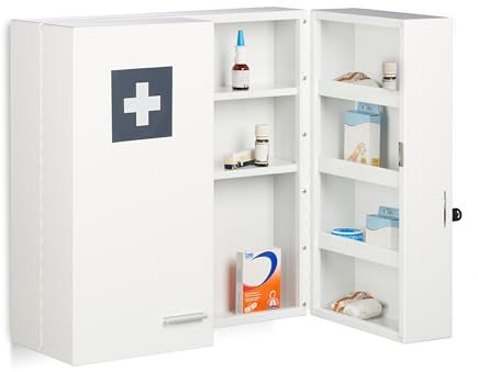 Relaxdays Medizinschrank, abschließbar, 11 Fächer, Stahl, HBT: 53 x 53 x 21,5 cm, Doppeltür, Medikamentenschrank, weiß