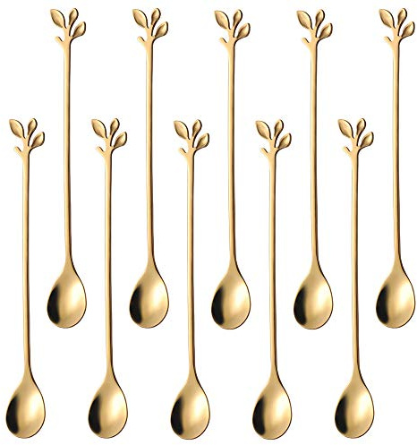 AnSaw Lot de 10 cuillères à café avec manche long de 18,8 cm – Motif feuille d'or pour café et thé – Cuillères à mélanger élégantes en acier inoxydable