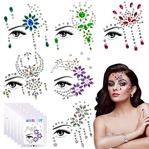 Glitzersteine Gesicht, Festival Glitzer Gesicht, 6 Set Glitzersteine Selbstklebend, Meerjungfrau Strasssteine Selbstklebend, Juwelen Glitzertattoos Aufkleber, Gesicht Edelsteine für Festival Zubehör