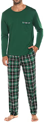 Sykooria Pyjamasset för män, skotskrutig, bomull, nattkläder, set, långärmad, pyjamasöverdel och full längd, pyjamasunderdel med fickor, 804 - Grön, M