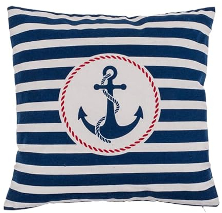Seaside No.64 - Maritimes Kissen mit Anker für Couch, Bett, Boot, Terrasse - blau und weiß/Creme gestreift - in der Größe 40cm x 40cm - mit Reißverschluss - waschbar bei 30°