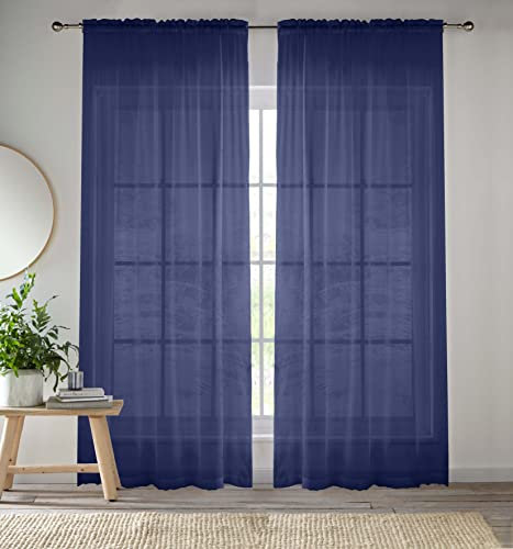 Enhanced Living Navy Voile Curtains for Living Room Panel Pair - 57 Wide x 90 Drop - Plain Woven Slot Top Sheer Curtains (57x90) 145x229cm
