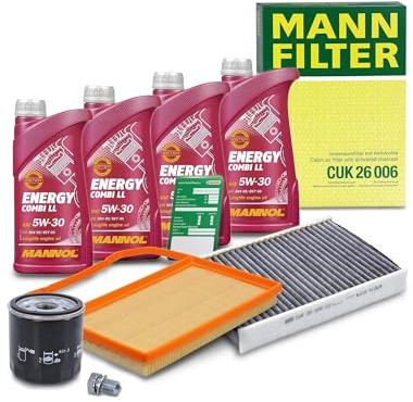BESTPRICE Inspektionspaket Filterset mit 1x Ölfilter; 1x Luftfilter; 1x Innenraumfilter; 1x Ölwechselanhänger; 4X Motoröl 5W-30 MANNOL Energy Combi LL 1 l; 1x Ölablassschraube mit Dichtring