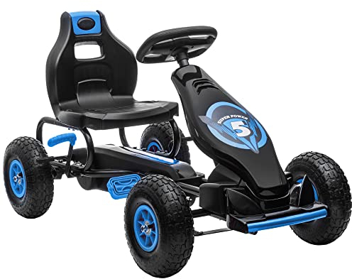 HOMCOM Gokart, Kinderfahrzeug mit 3-stufigen verstellbarem Sitz, Tretfahrzeug mit Gummireifen, Pedal und Handbremse, Kettcar für 5-12 Jahre Kinder bis 50 kg, Outdoor, Blau