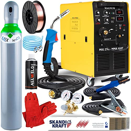 ALLWELD MAGNUM MIG 270 W MMA IGBT Schweißgerät MIG MAG mit 4-Rollen-Drahtvorschub für 15kg Drahtspulen - Mit 2T/4T, Induktivität, Lötschweißen und MMA - 400V - 280A - Set:Professional