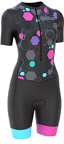 Combinaison de cyclisme pour femmes - Combinaison rembourrée une pièce pour triathlon - Haut de vélo short - Design sublimé - Short à bretelles, noir/rose, XS