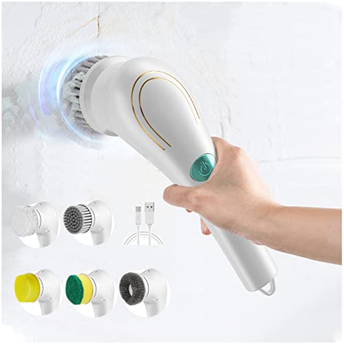 Quesardens Electric Spin Scrubber, Portable Cleaning Brush with 5 Brush Heads, USB Rechargeable 360°Smart Rotation Handheld Scrubber Brush for Tub, Tile, Floor, Sink, Window, Kitchen