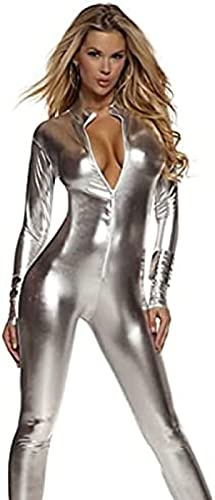 Body De Manga Larga Brillante Para Mujer, Lencería Con Cierre De Cremallera Para Fiesta Nocturna, Catsuit Sexy Con Efecto Mojado,Plata,extragrande