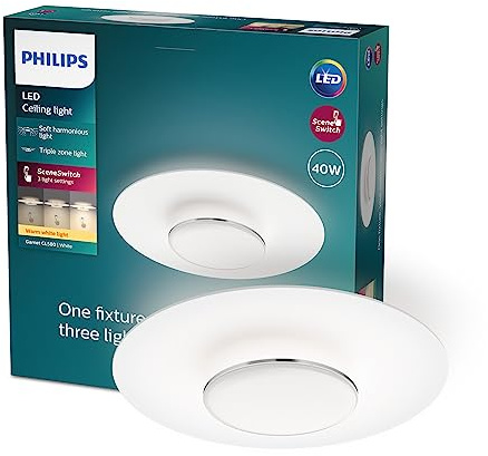 PHILIPS LED SceneSwitch Garnet Deckenleuchte (30 W), LED Leuchte mit drei Dimmstufen und warmweißem Licht, LED Beleuchtung mit EyeComfort, weiß