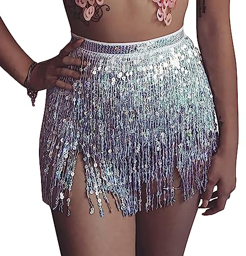 Durio Falda con flecos con lentejuelas con borlas, falda de danza del vientre, disfraz de festival, falda para mujer, ropa de festival, plata, Talla única
