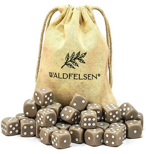 Waldfelsen 6, 12, 20, 30 o 50 dadi di alta qualità, dimensioni standard, 16 mm, dadi in acrilico, dadi da gioco a sei facce, accessori da gioco, set con sacchetto in tessuto (Grigio, 30 pezzi)