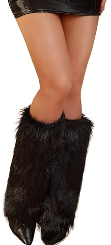 RSLOVE Women's Fuzzy Leg Warmers Winter Fur Fluffy Leg Warmers Soft Boot Cuffs Covers Halloween Santa Costume Black