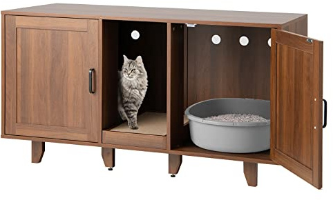 GOPLUS 3 in 1 Katzenschrank, Katzentoilette mit 2 Türen & abnehmbaren Beinen & herausnehmbarem Kratzbrett, Katzenhöhle Beistelltisch TV-Ständer für 2 Katzen, 120x52x65cm (Braun) (Grau)