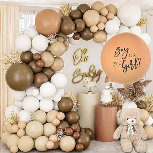 BLOOMWIN Gender Reveal Party Neutral - Baby Gender Reveal Party Deko Beige - Gender Reveal Ballon XXL Boy or Girl Beige Luftballon Girlande - Babyparty Deko Beige Boho Bär Nude Braun Nude