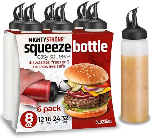 MIGHTY STRONG 6 Pack Condiment Squeeze Bottles 8 Oz –Easy Pour Sauce Bottles With Leak Proof Snap Cap, Plastic Squeeze Bottles For Sauces, Condiment Bottles, Condiment Containers, SP010