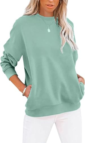 BUHIM Sweatshirt Damen Pullover Rundhals Langarmshirt Herbst Winter Pulli Baumwolle Casual Langarm Oberteile Tops mit Taschen (Grün, XXL)