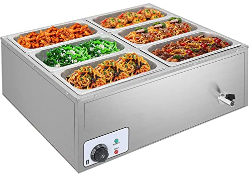 PASPRT Scaldavivande da bancone 6 pentole, scaldavivande Commerciale 850W Tavolo a Vapore Elettrico Acciaio Inossidabile Grande capacità 7L per Temperatura di ristorazione a Buffet (220v)