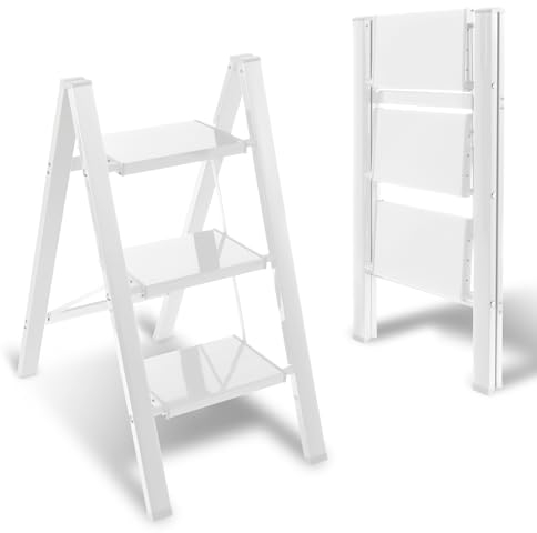 Eulenke 3 Stufen Leiter, Trittleiter Stufen, Klappleiter, Aluminium Leicht Stehleitern, Tragbare Klapptritt, mit rutschfeste Breites Pedal, für Haushalt, Büro, Küche, Belastbar Bis 150kg,Weiß