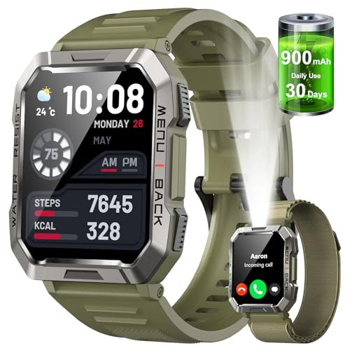 Smartwatch Men Military, 100 Days Battery Life/LED Flashlight/Compass/2 Wristbands/IP68 Waterproof, 100+ Sports Modes Sports Watch, Make/Receive Calls Smartwatch Outdoor Fitness Watch for Android iOS
