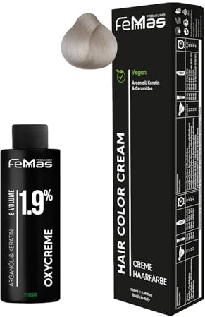 Femmas Haarfarbe Set Superaufheller Ultra Natural 900 S I Hair Color Cream 100ml+Oxycreme 100ml 1.9% I Permanente Haar-Coloration + Entwickler I Schonend & langanhaltend I Salon-Haarfarbe für Zuhause