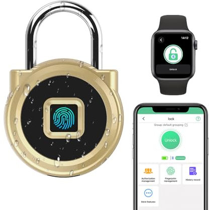 Gym Locker Padlock eLinkSmart Fingerprint Padlock with 1000+ App User - Outdoor Waterproof Security Smart Lock for Gym Locker Backpack Field Box (Gold)