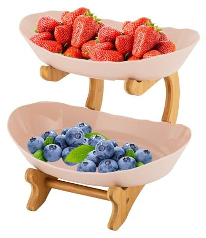 RjcdOPL Coupe à Fruits à 2 Étages, Plateaux de Service Fruits en Bambou et PP Alimentaire, Support pour Assiette à Dessert et Gâteau pour Fête et Mariage, L14,8 x P22,5 x H21,5 cm (Beige)