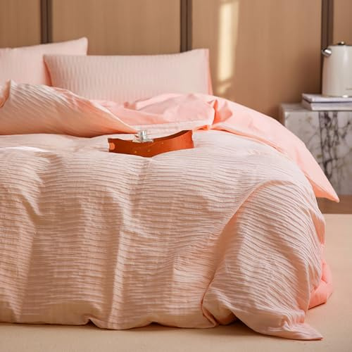 Covebett Seersucker Bettwäsche 155x220 Rosa Uni Sommer Wendebettwäsche 2teilig Modern Chic Gestreift Strukturiert Atmungsaktiv Microfaser Bettbezug und Kissenbezug 80x80cm mit Reißverschluss