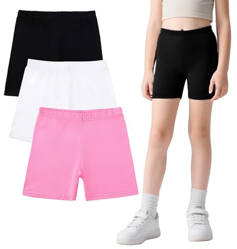 FILOWA Cycling Shorts Girls Teen 3 Pack Cotton Under Dress Shorts Cycle PE Dance Gymnastic Sports Leggings Stretchy Bike Pants Summer School Running Short Trousers for Kids 9-10 Years,Pink Black White