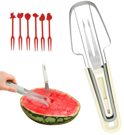 LUMOOM 3-en-1 Coupes à la fourche de pastèque, pastèques adapter l'acier inoxydable, coupeurs de melon, coupeurs fruits pour pastèque, papaye, cantaloup (Beige)
