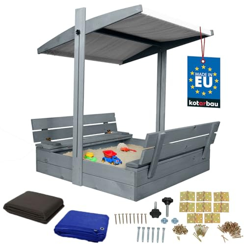 KOTARBAU® Sandlåda i Trä - 100 x 100 cm - Grå - Sandlåda med Lock - Bänkar - för Barn Utomhus - med Grått Tak - med Solskydd och Markduk