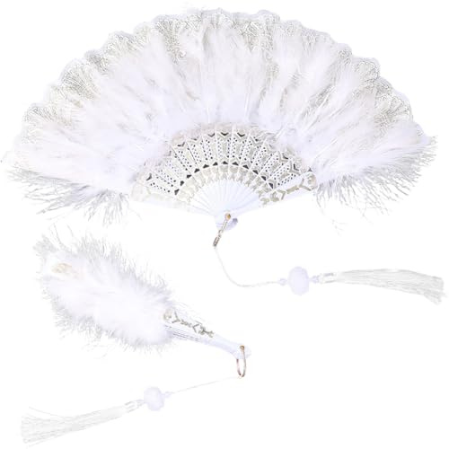 CABODYALS White Folding Hand Fans Feather With Polyester Tassels Vintage Embroidered Flower Fabric Fuffy Staves Handheld Fan for Women Dancing Costume Party Bride Wedding Photoshoot Decor Tools Craft