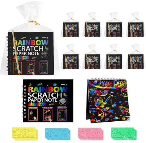 Scratch Art Bambini Set, 12 Libri Fogli Arcobaleno da Grattare Craft Notebook, Fogli Veri da Grattare Bambini, con Modello di Disegno, Penna di Legno, Sacchetto Regalo, per Appunti, Disegni, Giochi