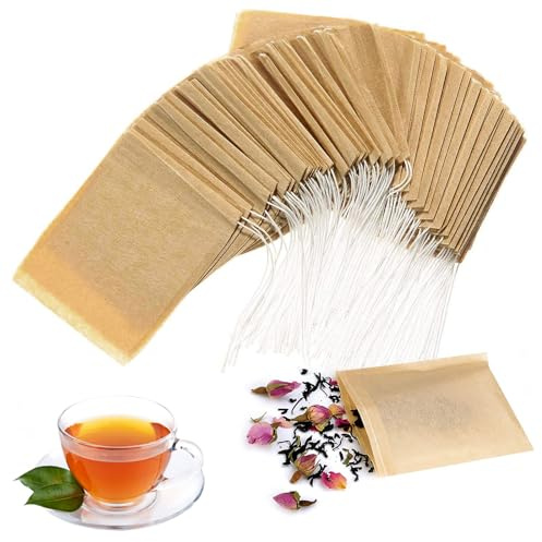 Disposable Tea Filter Bags 100 PCS, Small Empty Paper 7 * 8 cm | Unbleached Biodegradable Pouches with Drawstring for Loose Tea, Coffee Grounds, DIY Herbal Tea Bags (Original Color)
