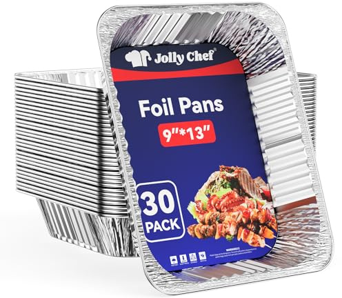 JOLLY CHEF 9x13 Aluminum Foil Pans (30 Pack) - Disposable Half Size Deep Steam Foil Pans for Roasting Turkey, Lasagna, Casseroles - Thanksgiving, Christmas, Parties, Catering