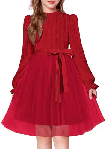 Arshiner Ropa Niñas Vestido Rojo Navideño Fiesta Moda Vestidos de Manga Larga en Forma de A Vestido de Punto Niños Vestidos Festivo Cálido De Otoño Ropas Grueso Informal de Invierno 8-9 Años