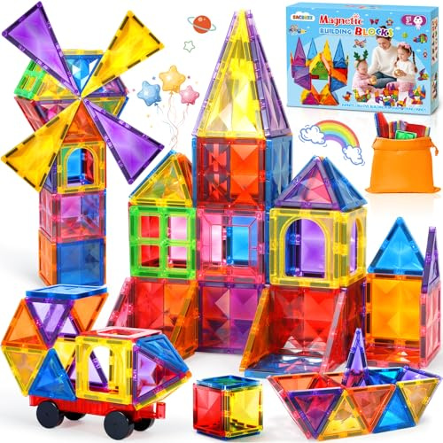 Costruzioni Magnetiche 60 Pezzi, Costruzioni Magnetiche per Bambini, Con 1 Macchinine,3D Educativo Blocchi Magnetici Set,Magnetic Building Blocks Giochi per Ragazzi E Ragazze Di 3 4 5 6 7 8 Anni