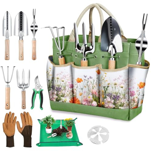 Gardening Tools Set for Women 29Pcs Heavy Duty Garden Hand Tools Set with Floral Tote Bag Rust-Proof Garden Tool Kit Supplies Gardening Esssential Garden Gifts for Mothers Day Mom Beginner