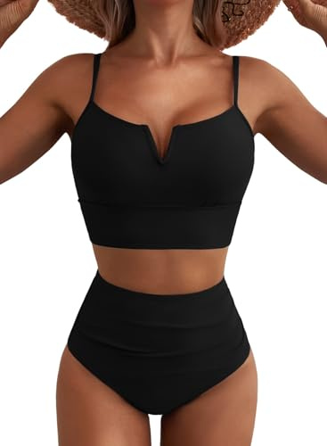 Herseas Womens 2 Piece Bestselling Bikini Cutout High Waisted Tummy Control Swimsuit Full Coverage V-Wire Bathing Suit Modest Push Up Swim Suit Black X-Small