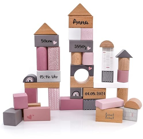 Personnalisable Lot de 50 blocs de construction en bois Rose – empilage & emboîtement, inspiré Montessori–pour enfants à partir de 2 ans–personnalisé avec prénom & date de naissance – Label Label
