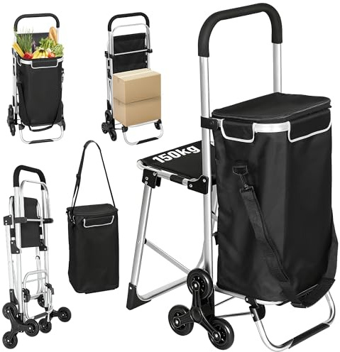 HOMCOM 3-in-1 Einkaufstrolley Klappbar mit Sitz 40L Kapazität Schwarz | Trolley Bis 25kg Belastbar, Einkaufswagen, Sackkarre, Umhängetasche, Treppensteiger