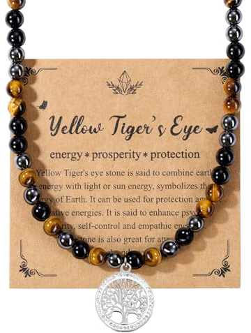 JSDDE Collier Triple Protection en Pierres Naturelles pour Femme Homme 6mm Collier Perles Rondes Pierres et Cristaux Pendentif Arbre de Vie Brillant Pavé Strass Bijoux Amulette Porte Bonheur