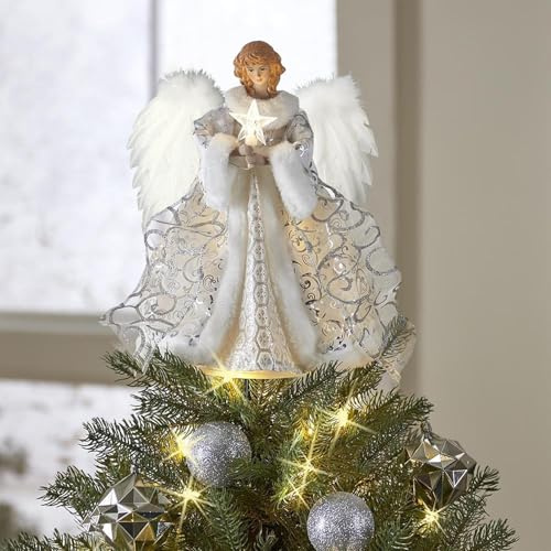 Engels Weihnachtsbaumspitze - 30x25cm Engels Christbaumspitze, EngelsWeihnachtsbaum Topper, Weihnachtsengel Baumkrone Figur Mit Weißen Federflügeln Für Indoor Weihnachtsdekoration