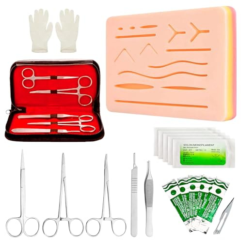 Chirurgisches Nahtset, Suture Practice Kit mit Silikon Nahtkissen, Nahtmaterial Chirurgie, Wundnaht Übungsset mit Instrumenten und Fäden, Geschenk für Medizinstudenten & Tierärzte