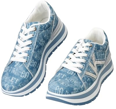 CLEIKS Scarpe Sportive Donna Scarpe con Plateau Donna con Tessuto di Jean Stampato e Suola in Gomma Traspirante per Commutazione e Tempo Libero (Blu, 39 EU, WSC260163-5)