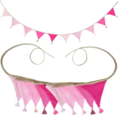 SUBTAVIK 10 Stück Stoffgirlande, 3,15m, mit Quasten, Rosenrot, für Kinderzimmer, Baby Shower, Garten, Hochzeit, Geburtstag, Schlafzimmerdekoration