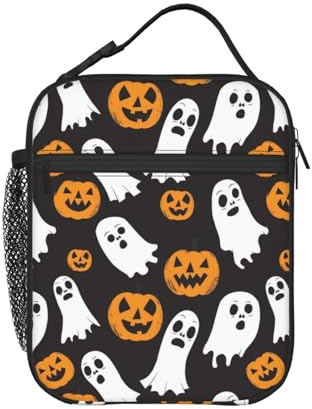 HLBSDM Lonchera de Halloween con diseño de fantasma y calabaza, bolsa térmica para el almuerzo para hombres y mujeres con asa desmontable.