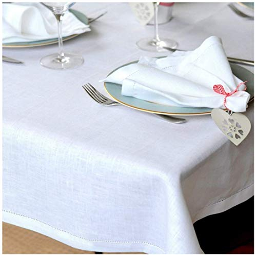 Linen & Cotton Elegante Festliche Tischdecke Stoff Tischtuch Tischwäsche Florence mit Hohlsaum, Lang -100% Leinen, Weiß/Weiss (143 x 350 cm) für Deko Hochzeit Hotel Restaurant Cafe Gastronomie